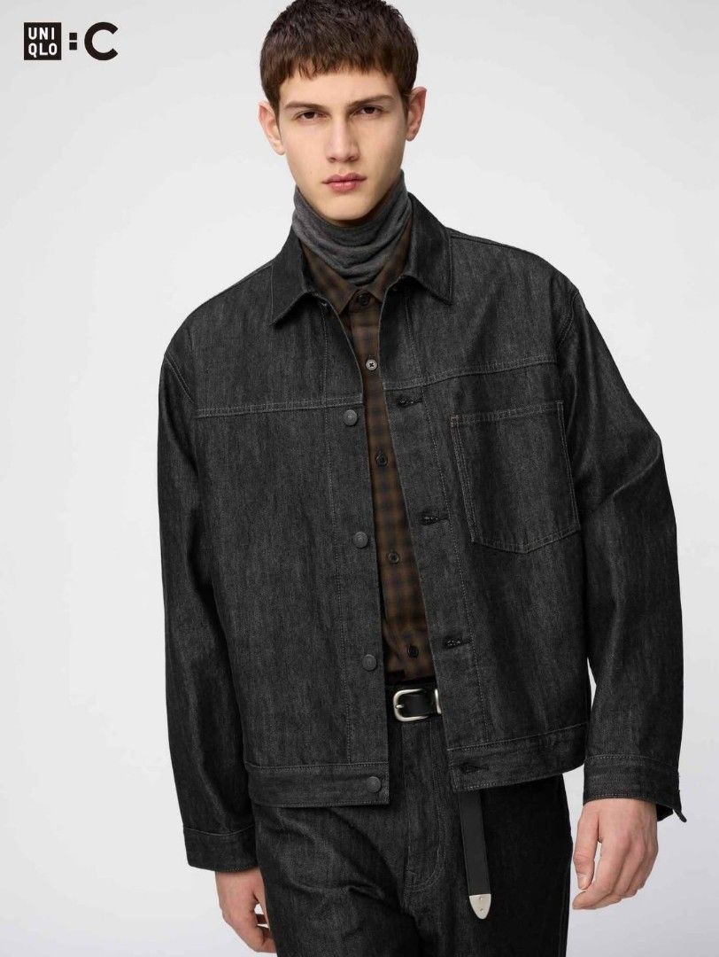 Uniqlo C Denim Jacket Black (Category: Coats, Jackets and Outerwear) located in Cavite. Submitted by janpolll (Listing ID 1466571534, Image 1). Description: - Authentic Uniqlo C Collection denim jacket - Color: Dark charcoal black - Style: Classic trucker silhouette with a relaxed, boxy fit - Details: Single chest pocket, metal buttons, and back waist adjusters.