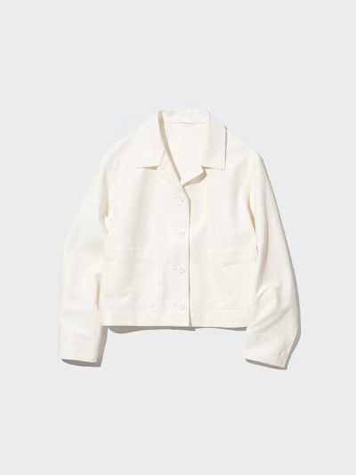 UNIQLO Jersey Relaxed Jacket (Category: Coats, Jackets and Outerwear) located in Manila. Submitted by mellow_mango (Listing ID 1466688517, Image 1). Description: - Style: Minimalist, versatile everyday outerwear - Color: Clean off-white - Material: Jersey, stretchable - Details: Structured collar, front patch pockets, long sleeves with button cuffs - Mode of Payment: GCash, Maya.