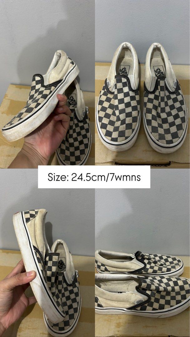 Vans Classic Checkerboard Slip-On Shoes (Category: Sneakers) located in Manila. Submitted by dtbalanza109684 (Listing ID 1466692899, Image 1). Description: - Brand: Vans - Style: Checkerboard Slip-On (Black/White) - Size: 24.5cm / US 7 Women's - Condition: Pre-owned with signs of wear (mild yellowing on fabric and dirt on rubber soles) - Durability: Uppers still solid, lots of life left for everyday casual use - Perfect for effortless, everyday s