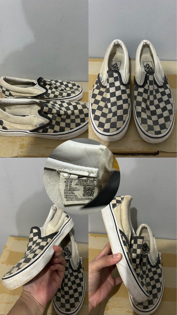 Vans Classic Checkerboard Slip-On Shoes (Category: Sneakers) located in Manila. Submitted by dtbalanza109684 (Listing ID 1466692899, Image 2). Description: - Brand: Vans - Style: Checkerboard Slip-On (Black/White) - Size: 24.5cm / US 7 Women's - Condition: Pre-owned with signs of wear (mild yellowing on fabric and dirt on rubber soles) - Durability: Uppers still solid, lots of life left for everyday casual use - Perfect for effortless, everyday s