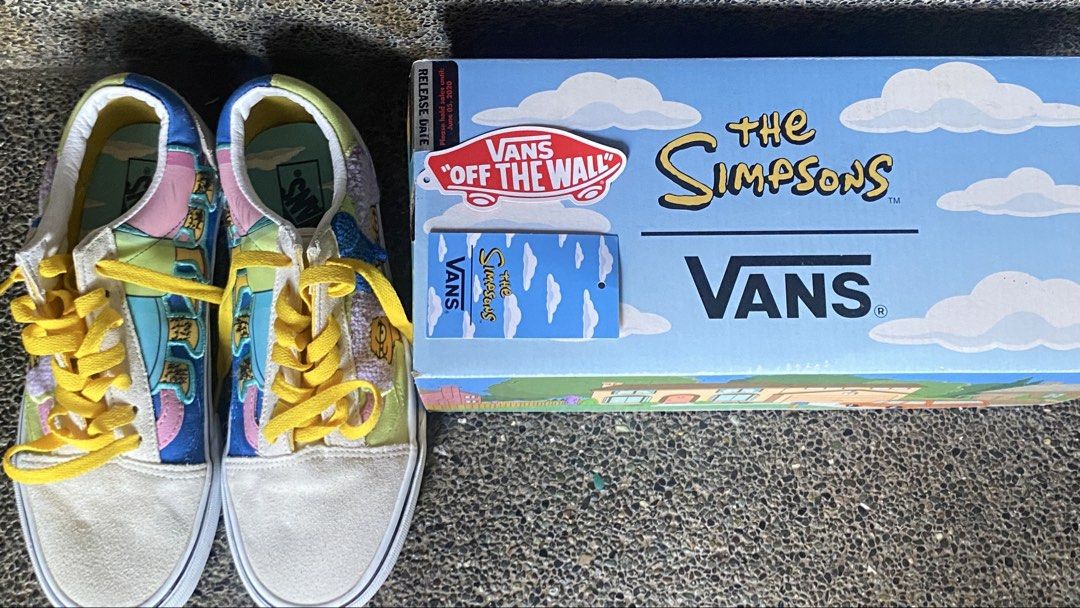 Vans x The Simpsons Old Skool Shoes (Category: Sneakers) located in Manila. Submitted by skibidiohiorizzler (Listing ID 1466773023, Image 1). Description: Size: US 7 Female | US 5.5 Male Lowest price! - Brand: Vans x The Simpsons Old Skool - Condition: Brand new, never worn, pristine in box - Design: White suede toe box, vibrant yellow laces, and colorful side panels with embroidered character details - Inclusions: Original themed shoebox and tag