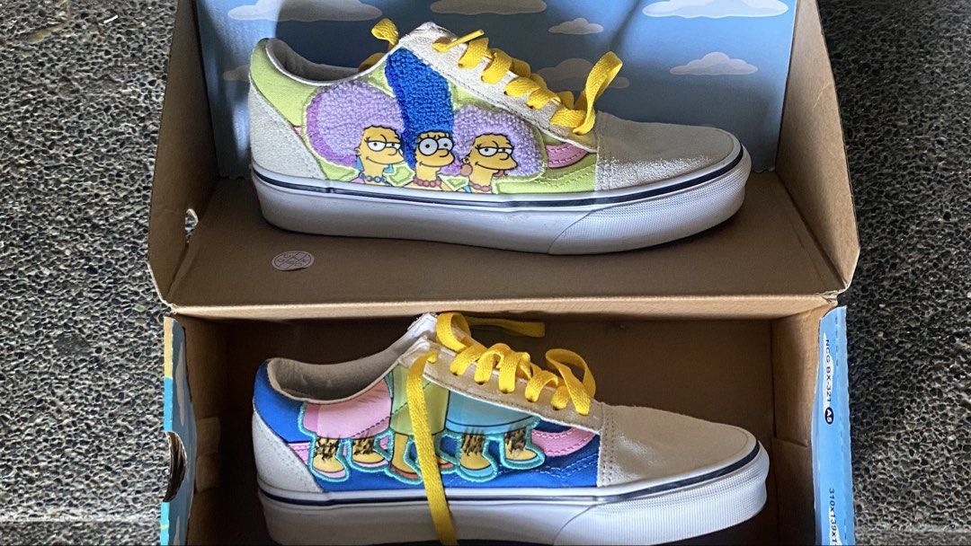Vans x The Simpsons Old Skool Shoes (Category: Sneakers) located in Manila. Submitted by skibidiohiorizzler (Listing ID 1466773023, Image 2). Description: Size: US 7 Female | US 5.5 Male Lowest price! - Brand: Vans x The Simpsons Old Skool - Condition: Brand new, never worn, pristine in box - Design: White suede toe box, vibrant yellow laces, and colorful side panels with embroidered character details - Inclusions: Original themed shoebox and tag