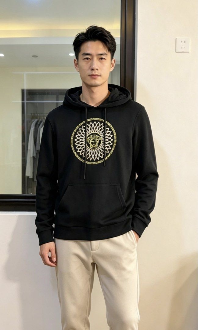 Versace Black Medusa Head Hoodie (Category: Coats, Jackets and Outerwear) located in Paranaque City. Submitted by preluxeshop_ph (Listing ID 1466766113, Image 1). Description: Versace Black Medusa Head Hoodie -Iconic Medusa Head Logo on Front -Condition: 9.8/10 -Dimes: Length: 26” Width: 21”.