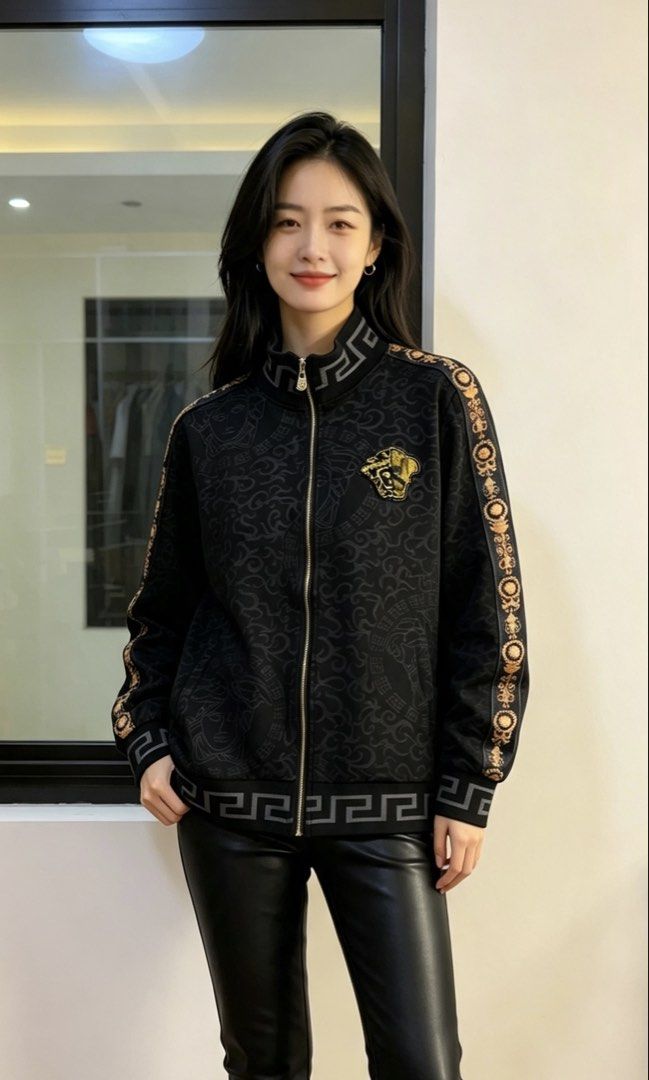 Versace Black Medusa Head Track Jacket (Category: Coats, Jackets and Outerwear) located in Paranaque City. Submitted by preluxeshop_ph (Listing ID 1466767894, Image 1). Description: Versace Black Medusa Head Track Jacket -Features iconic Medusa head logo -Signature Greek key pattern on sleeves and collar - Ideal for casual wear or making a statement -Condition: 9.8/10 -Dimes: Length: 23.5” Width: 21”.