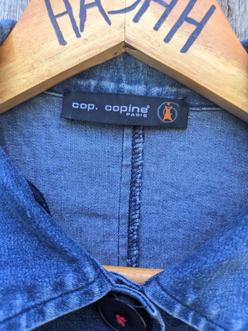 Vintage cop. Copine Paris denim jacket (Category: Coats, Jackets and Outerwear) located in Kapalong. Submitted by hashhthrift (Listing ID 1466573097, Image 3). Description: issue see last pic missing 1 button and collar fade measurements: pit to pit 17 length 22.