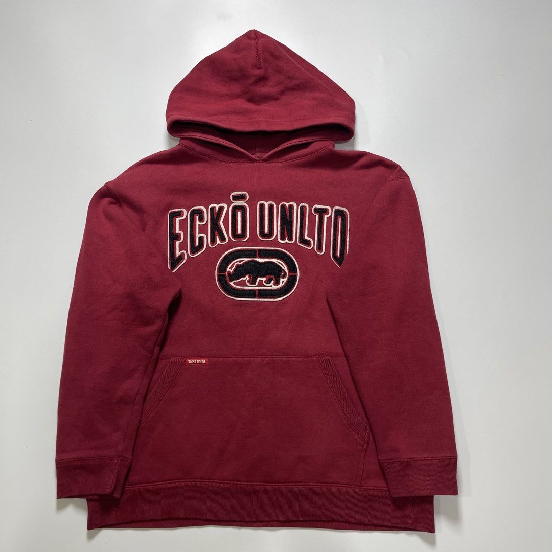 Vintage Ecko Unltd. Embroidered Rhino Pullover Hoodie (Red) (Category: Coats, Jackets and Outerwear) located in Baguio. Submitted by arii0707 (Listing ID 1466738242, Image 1). Description: Vintage Ecko Unltd. Embroidered Rhino Pullover Hoodie (Red) 1990s - Early 2000s Size M on tag.