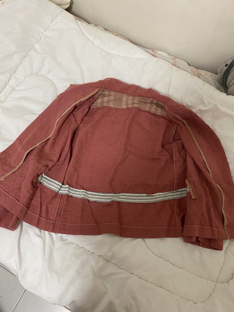 Vintage Rose Pink Button Down Jacket (Category: Coats, Jackets and Outerwear) located in Manila. Submitted by eileenmaye67636 (Listing ID 1466701342, Image 2). Description: PRELOVED! - Color: Rose pink with matching buttons - Design: Classic collar and button-down front - Details: Neat piped inner seams, subtle plaid inner collar lining, and striped tape trimming along the bottom hem shipping: j&t and lalamove.