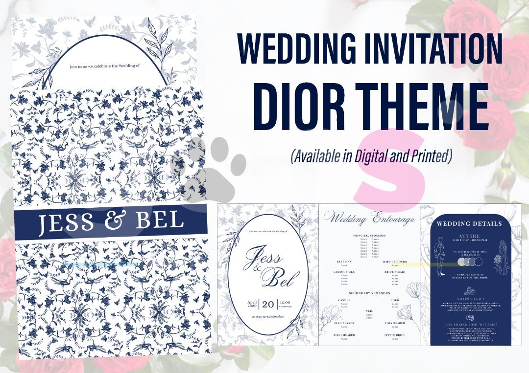 Wedding Invitation Dior Theme Editable in canva (Category: Art & Prints) located in Caloocan City. Submitted by gonsiprintingph (Listing ID 1466579490, Image 1). Description: - Elegant Dior-inspired wedding invitation theme in classic blue and white - Fully editable template in Canva for easy customization of names, details, and entourage - Available in both digital (soft copy) and printed options - Stylish layout including invitation card, weddi