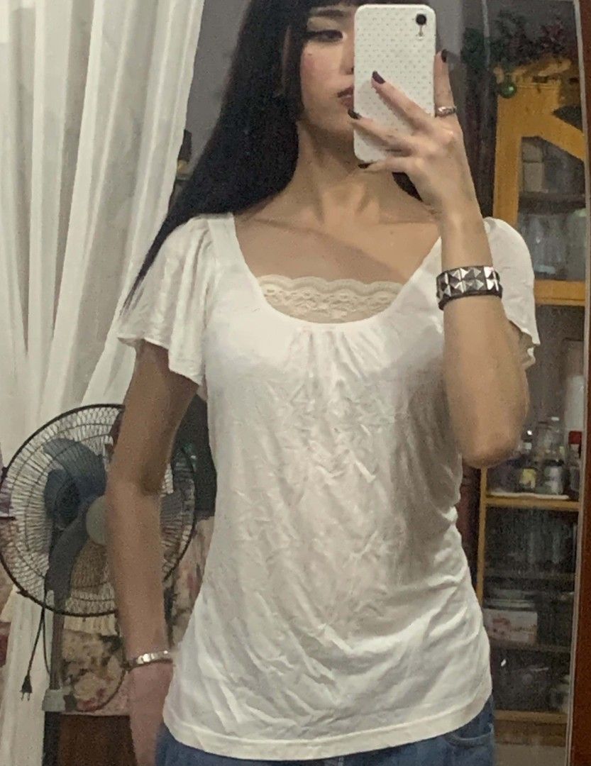 White lace trim blouse with flutter sleeves (Category: Blouses) located in Tiaong. Submitted by cdoswan (Listing ID 1466731883, Image 1). Description: good condition.