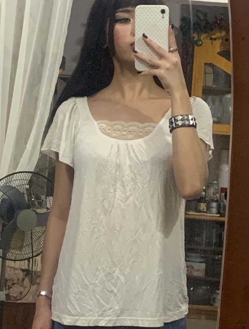 White lace trim blouse with flutter sleeves (Category: Blouses) located in Tiaong. Submitted by cdoswan (Listing ID 1466731883, Image 2). Description: good condition.
