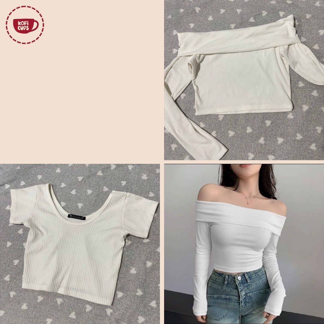 White Off-Shoulder and Ribbed Crop Top (Category: Sleeveless) located in General Trias. Submitted by dddddaph (Listing ID 1466691747, Image 1). Description: - Bundle includes: 1 white ribbed off-shoulder long sleeve crop top & 1 white ribbed short sleeve scoop neck top - Fit: Stretchy fabric with a snug, flattering silhouette - Style: Versatile everyday basics that pair perfectly with high-waisted bottoms - Condition: Excellent, no stains or flaw