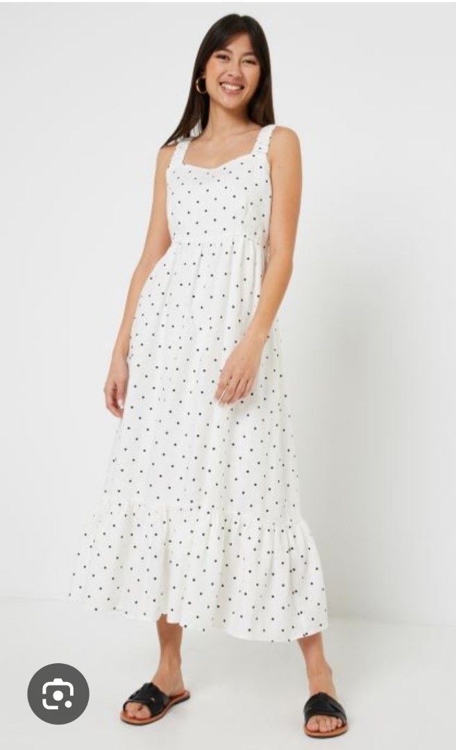 White polka dot strappy dress (Category: Dresses) located in Batangas. Submitted by micaelaul (Listing ID 1466577230, Image 1). Description: 32-34 bust 24-28 waist Mid length maxi sa 5 flat..