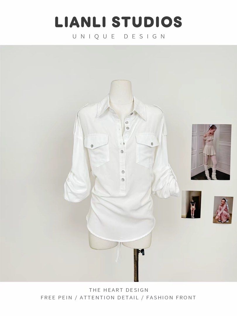 White utility button-down long sleeve shirt with back ties (Category: Longsleeves) located in Taguig. Submitted by mengxir20193848 (Listing ID 1466673728, Image 1). Description: - Color: White - Style: Long-sleeve button-down with utility chest flap pockets - Details: Collared neckline, front button placket, and shoulder epaulets - Fit Feature: Adjustable back tie strings for a flattering, cinched waist effect - Fabric: Crisp and high-quality mat