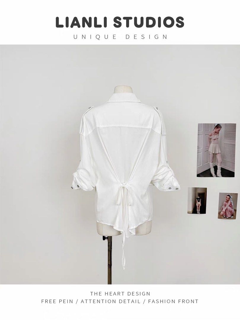 White utility button-down long sleeve shirt with back ties (Category: Longsleeves) located in Taguig. Submitted by mengxir20193848 (Listing ID 1466673728, Image 2). Description: - Color: White - Style: Long-sleeve button-down with utility chest flap pockets - Details: Collared neckline, front button placket, and shoulder epaulets - Fit Feature: Adjustable back tie strings for a flattering, cinched waist effect - Fabric: Crisp and high-quality mat