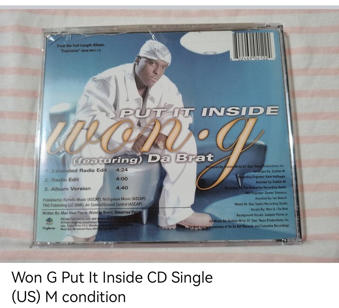 Won G Put It Inside CD Single (unsealed) (Category: CDs & DVDs) located in Dangcagan. Submitted by cd_haven5 (Listing ID 1466589295, Image 2). Description: #FORSALE #FORSALE #FORSALE #Authentic #Legit #Original We only sell original items. All items posted are on hand. Please message me for availability of the item/s because the items are also posted on my other online stores. All items are imported unless stated PH. We also accept Pre-orders. Pa