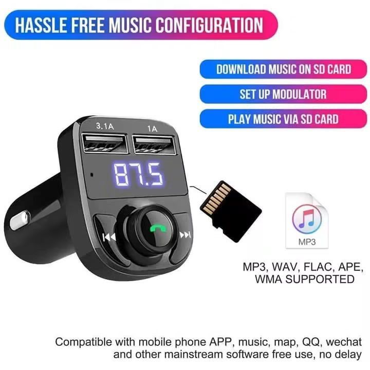 X8 Car FM Modulator Bluetooth Transmitter USB Charger (Category: Portable Audio Accessories) located in Manila. Submitted by iliasjen3082126 (Listing ID 1466625233, Image 3). Description: - Plugs easily into any standard car cigarette lighter socket - Stream music wirelessly via Bluetooth or play from a USB flash drive / TF micro SD card - Dual USB charging ports: fast-charge two devices simultaneously (3.1A and 1.0A) - Built-in microphone for cr