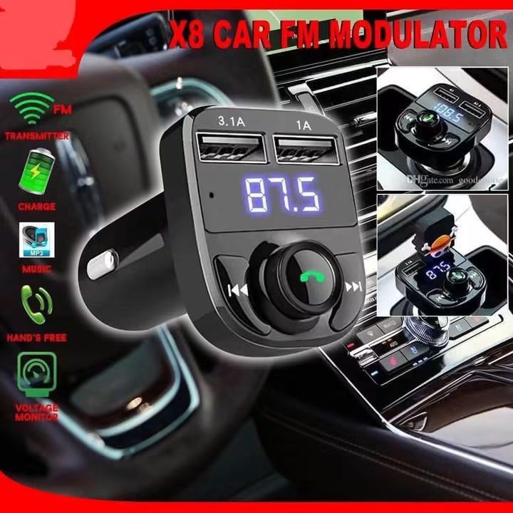 X8 Car FM Modulator Bluetooth Transmitter USB Charger (Category: Portable Audio Accessories) located in Manila. Submitted by iliasjen3082126 (Listing ID 1466625233, Image 2). Description: - Plugs easily into any standard car cigarette lighter socket - Stream music wirelessly via Bluetooth or play from a USB flash drive / TF micro SD card - Dual USB charging ports: fast-charge two devices simultaneously (3.1A and 1.0A) - Built-in microphone for cr