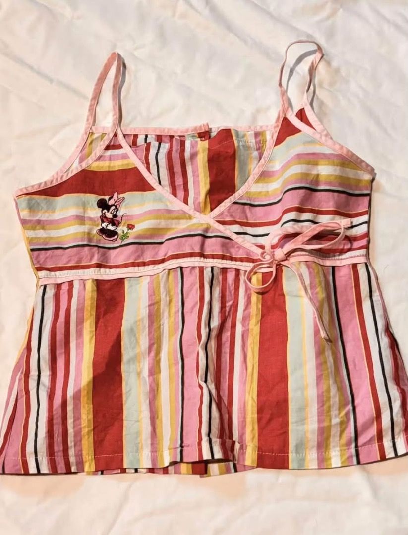 Y2K Aesthetic Cami Top Bundle Set of 3 (Category: Sleeveless) located in Caloocan City. Submitted by elleceeeee (Listing ID 1466599197, Image 2). Description: - super cute and lightweight cami tops - Top 1: Colorful vertical stripes with a tiny Minnie Mouse graphic and side tie bow - Top 2: Polka dots all over with small Kitty prints and black lace trim - Top 3: Grey with bright pink star prints and matching pink lace edges - Features adjustable 