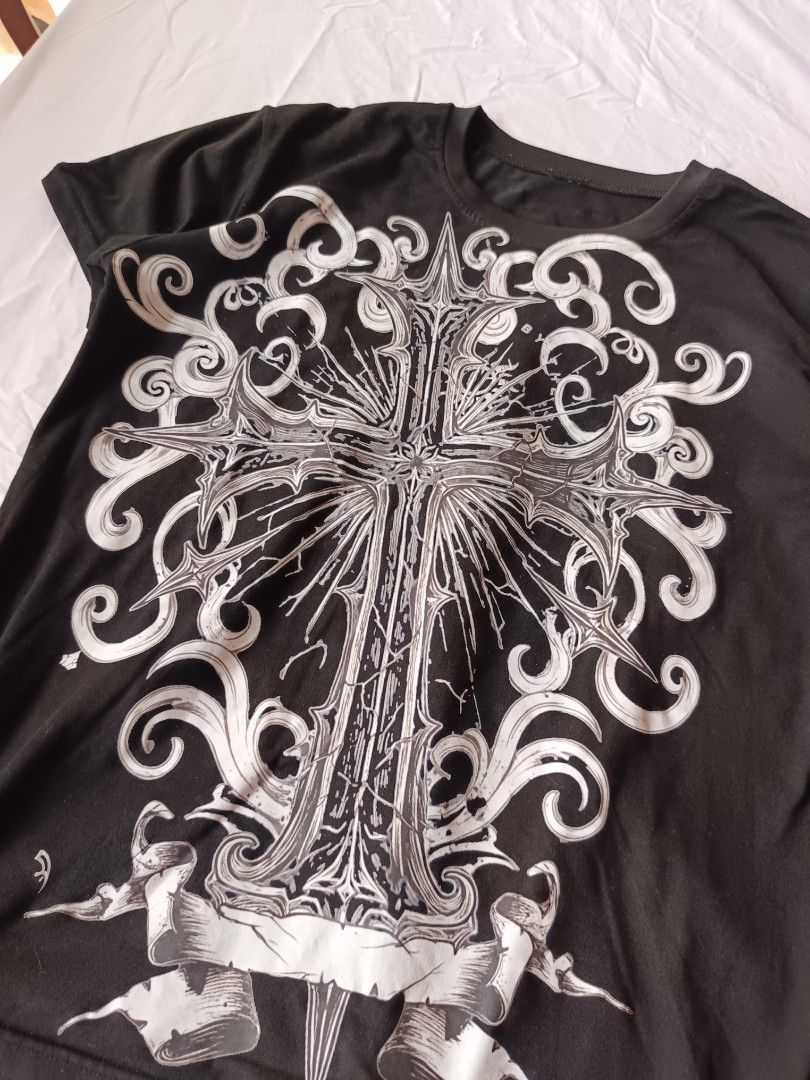 Y2k Gothic Emo Grunge Cross vintage design (Category: Shirts) located in Caloocan City. Submitted by chungussss7 (Listing ID 1466744512, Image 2). Description: 19x25 dimes - issue - some cracked print - j&t - gcash - PM!.