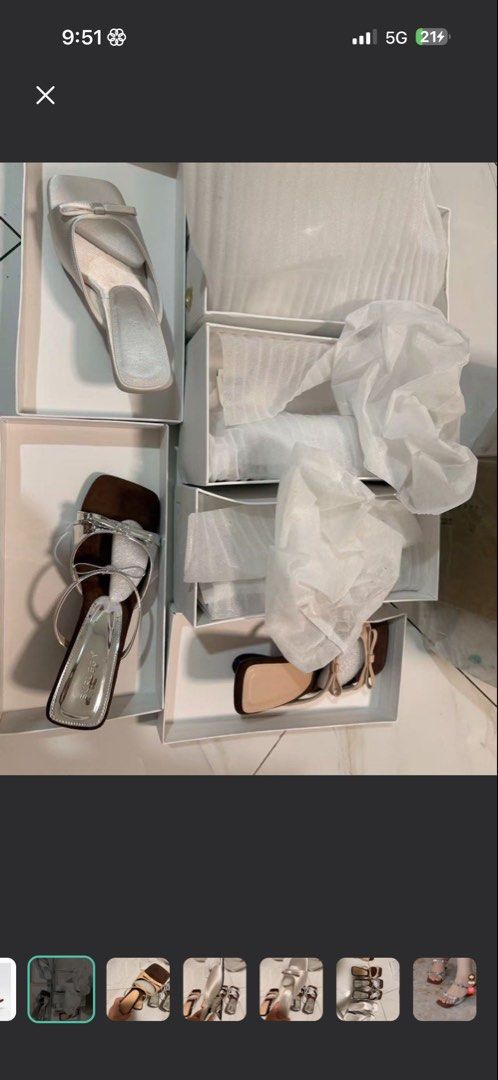 Yifei Studio Metallic Bow Square Toe Sandals (Category: Heels) located in Pasay City. Submitted by ashleymiao (Listing ID 1466694933, Image 2). Description: - Color & Finish: Chic silver metallic finish with a square open toe silhouette - Comfort & Design: Soft brown suede-textured footbed and a distinct sculpted heel - Details: Adorable delicate ribbon bow on the front strap - Fit & Security: Stylish double strap design with ankle security for a