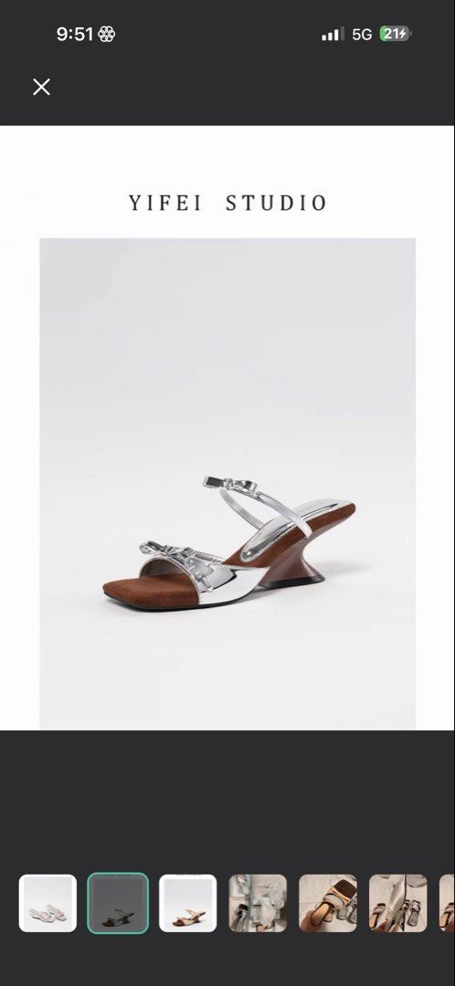 Yifei Studio Metallic Bow Square Toe Sandals (Category: Heels) located in Pasay City. Submitted by ashleymiao (Listing ID 1466694933, Image 1). Description: - Color & Finish: Chic silver metallic finish with a square open toe silhouette - Comfort & Design: Soft brown suede-textured footbed and a distinct sculpted heel - Details: Adorable delicate ribbon bow on the front strap - Fit & Security: Stylish double strap design with ankle security for a