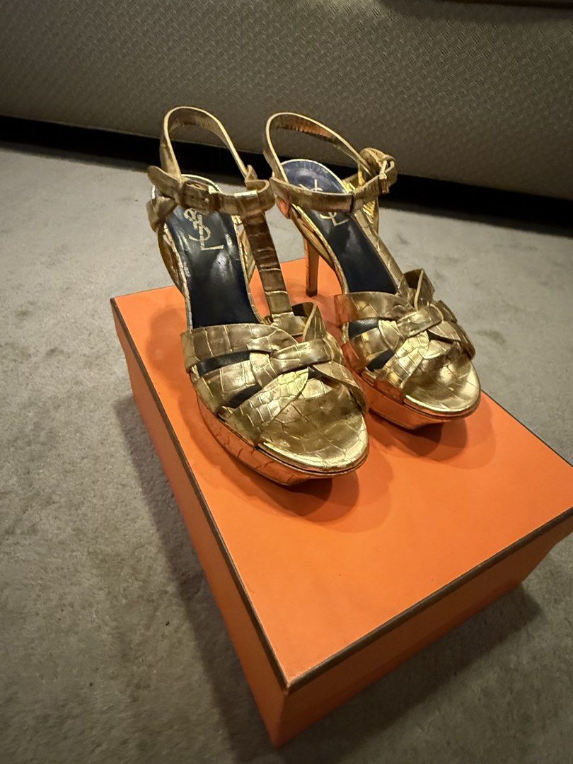 Yves Saint Laurent Gold Metallic Tribute Sandals, Women's Fashion ...