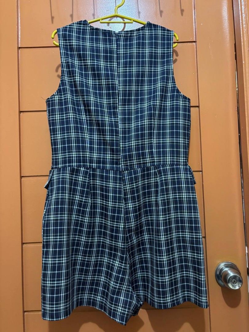 Zalora Plaid Sleeveless Romper Large (Category: Rompers) located in Mandaluyong City. Submitted by soulanaa (Listing ID 1466571477, Image 2). Description: - Length: 31" - Bust: 19" - Waist: 17" - Shoulders: 13.5" Note: with pockets - Brand/Style: Zalora plaid romper - Color: Navy blue with white and grey checks - Size: Large - Features: Sleeveless, round neckline, two front pockets, back zipper closure - Condition: Clean fabric, neat stitching, r