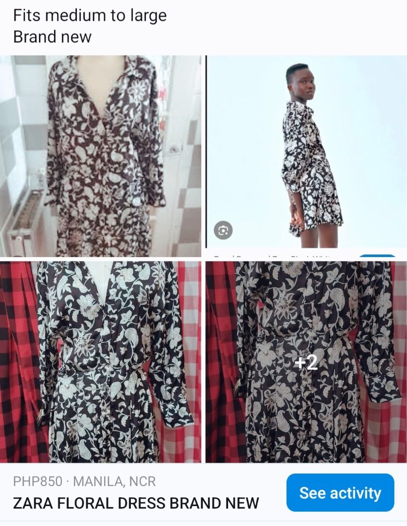 Zara Floral Dress (Category: Dresses) located in Manila. Submitted by katkween23 (Listing ID 1466773253, Image 1). Description: - Brand: Zara - Design: Dark brown & cream floral/paisley print - Style: Button-down front, pointed collar, long sleeves, relaxed silhouette - Condition: Unworn with original look - Size: Fits Medium to Large comfortably.