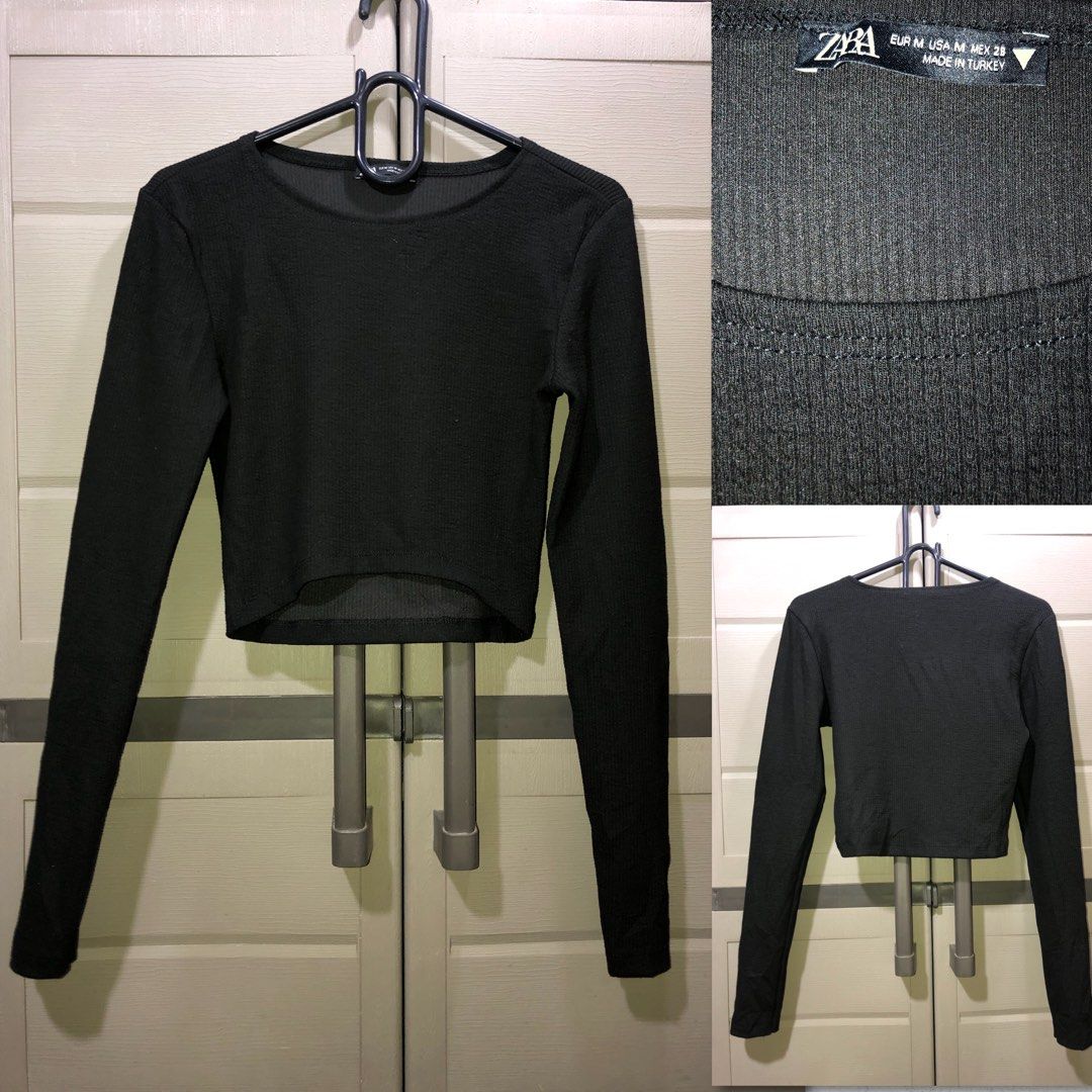 Zara Long sleeve Crop Top (Category: Blouses) located in Cebu City. Submitted by jiselle_fecollection (Listing ID 1466634251, Image 1). Description: -size: M -can fit S-M frame -Black -long sleeves.