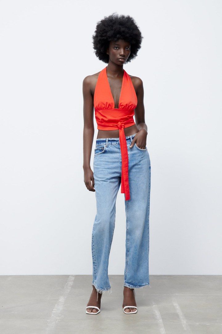 ZARA Orange Halter Backless Top (Category: Sleeveless) located in Pasig City. Submitted by dezleemarquez (Listing ID 1466685324, Image 2). Description: ZARA Orange Halter Backless Top.