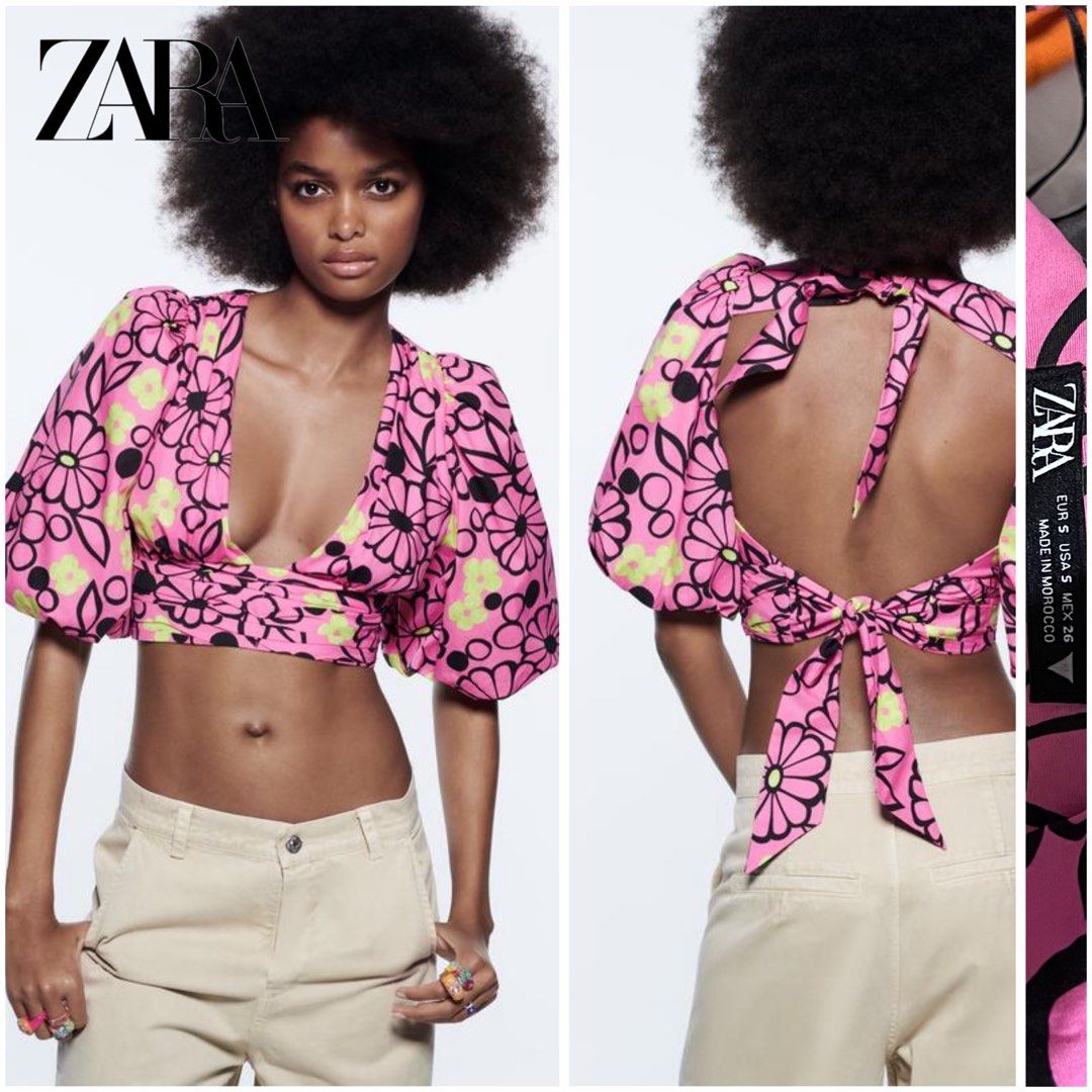 ZARA Pink Printed Backless Puff Top (Category: Blouses) located in Pasig City. Submitted by dezleemarquez (Listing ID 1466665523, Image 1). Description: ZARA Mint Green Backless Puff Top.