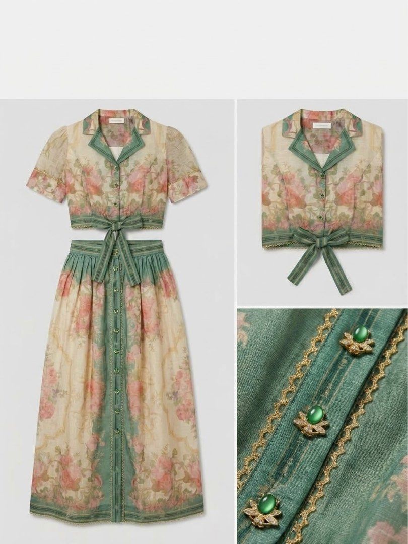 Zimmermann Coordinates (Large) (Category: Sets or Coordinates) located in Caloocan City. Submitted by sundraxx (Listing ID 1466624428, Image 1). Description: - Style: Vintage-inspired cream and green floral two-piece matching set - Top: Short-sleeve crop top with a notched collar and cute front tie detail - Skirt: High-waist midi skirt featuring a button-front placket with stunning jeweled emerald green and gold-trim buttons - Fabric: Lightweight