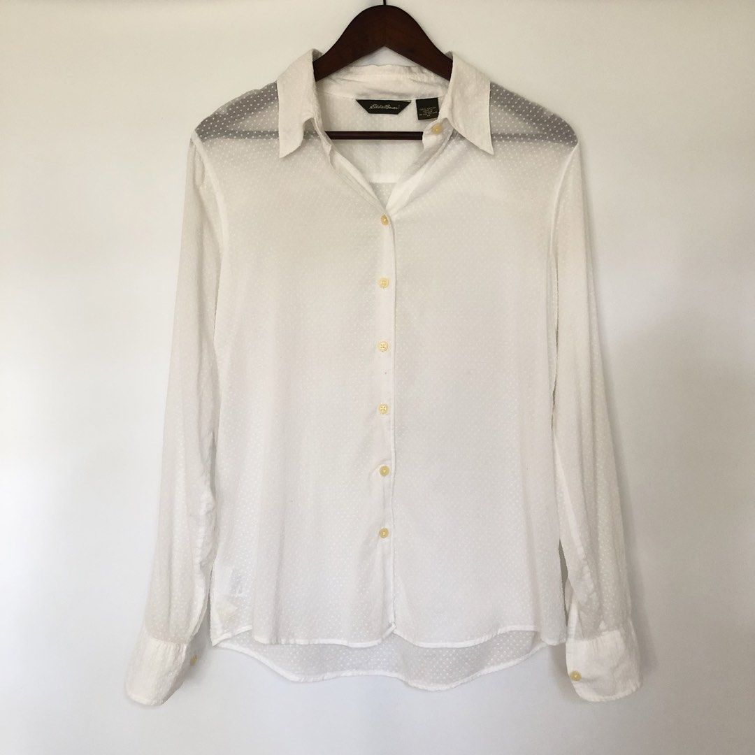 100% cotton white swiss dot button down collared shirt by Eddie Bauer (Category: Shirts) located in San Fernando. Submitted by 100perscent (Listing ID 1466965498, Image 1). Description: Size: M.