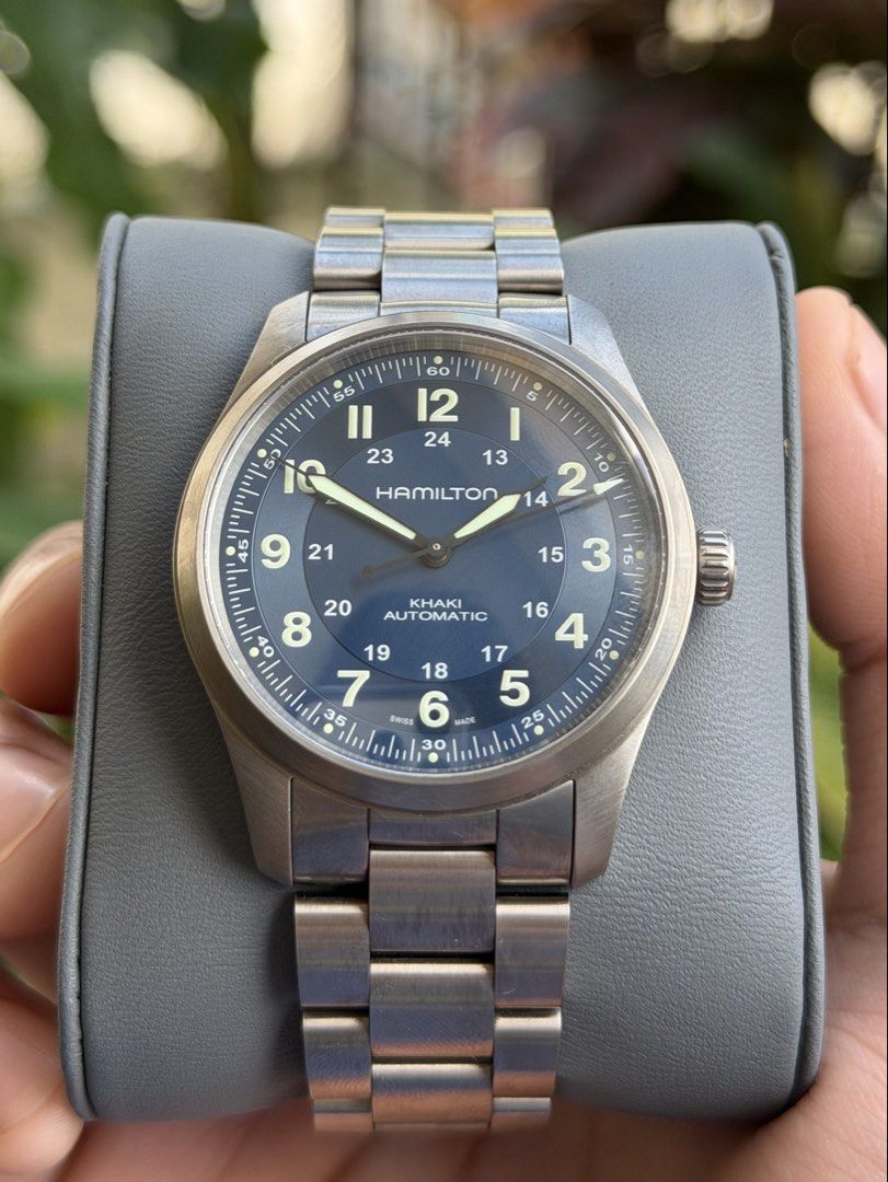 2026 Hamilton Khaki Field Titanium Automatic Blue Dial (Category: Men's Watches) located in Manila. Submitted by g.michael (Listing ID 1466802486, Image 1). Description: 2026 Hamilton Khaki Field Automatic Ref: H70205140 38mm Titanium case and bracelet Hamilton H-10 automatic movement 80 hours of power reserve Complete inclusions ❗️ Price: 38k .