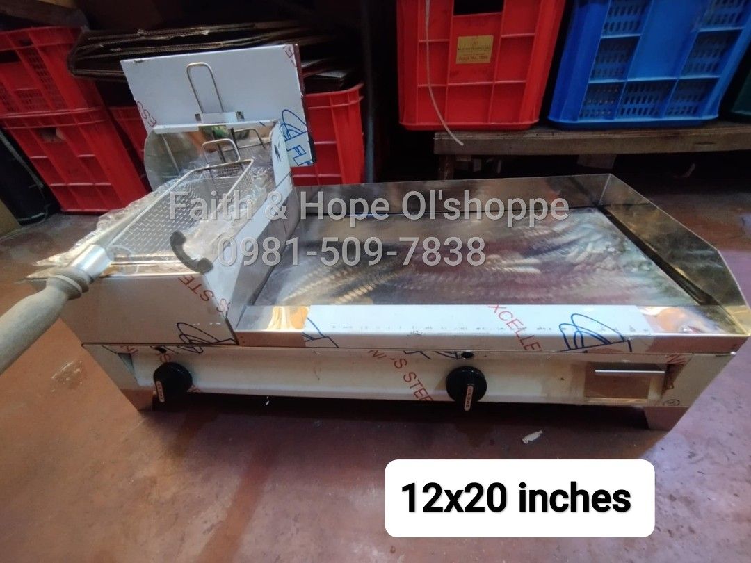 2 In 1 Burger Griddle With Deep Fryer (Category: Other Kitchen Appliances) located in Manila. Submitted by jamfrimzy089458 (Listing ID 1466787693, Image 3). Description: Stainless steel flat top griddle combined with a built-in deep fryer. Includes fry basket, spatula, tongs, scraper, and egg ring. Heavy-duty metal construction with dual control knobs on the front. Protective plastic film still attached on parts. Multiple size options available i