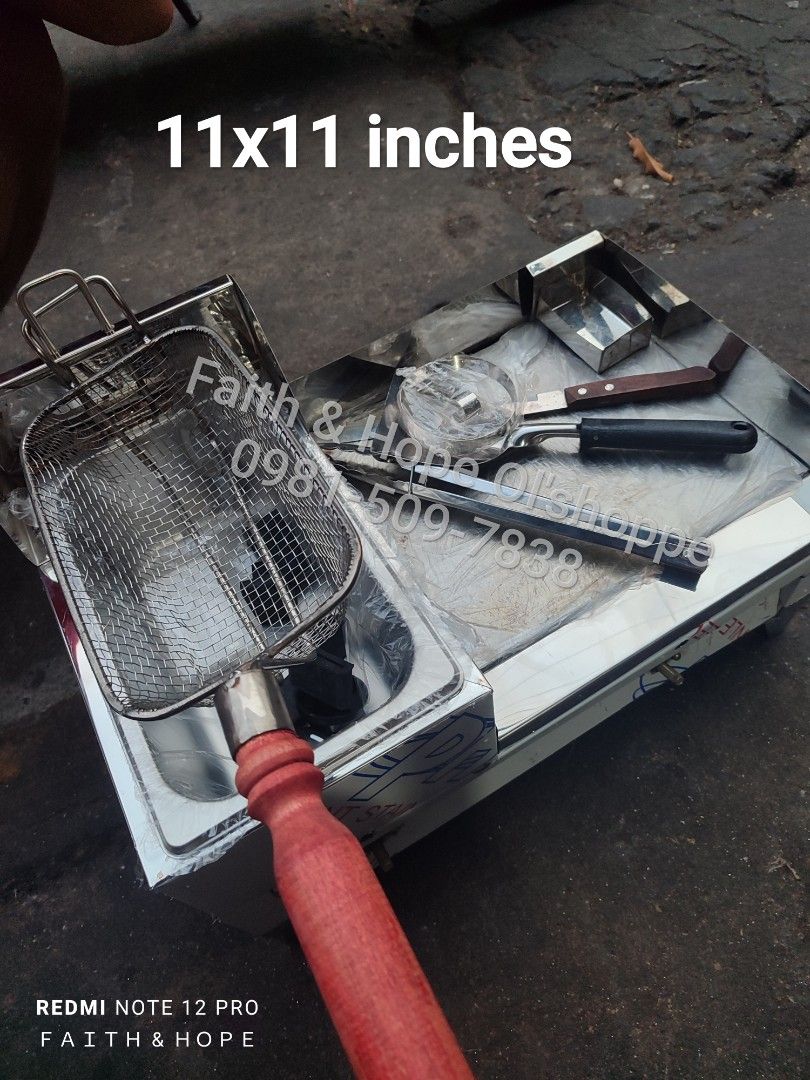 2 In 1 Burger Griddle With Deep Fryer (Category: Other Kitchen Appliances) located in Manila. Submitted by jamfrimzy089458 (Listing ID 1466787693, Image 1). Description: Stainless steel flat top griddle combined with a built-in deep fryer. Includes fry basket, spatula, tongs, scraper, and egg ring. Heavy-duty metal construction with dual control knobs on the front. Protective plastic film still attached on parts. Multiple size options available i