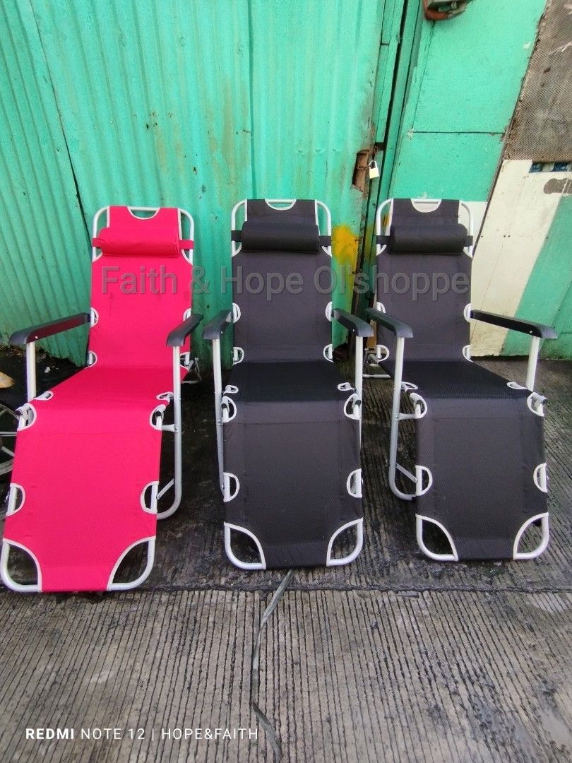 3 IN 1 FOLDING CHAIR/BED (Category: Chairs) located in Manila. Submitted by jamfrimzy089458 (Listing ID 1466789444, Image 3). Description: - Portable folding lounge chair with headrest pillow - Sturdy metal frame with durable fabric seat - Adjustable backrest: sit, recline, or lie flat - Built-in armrests for extra comfort - Easy to fold, store, and transport - Available colors: Blue, Black, Red, Green - Ideal for patio, garden, camping, and indo