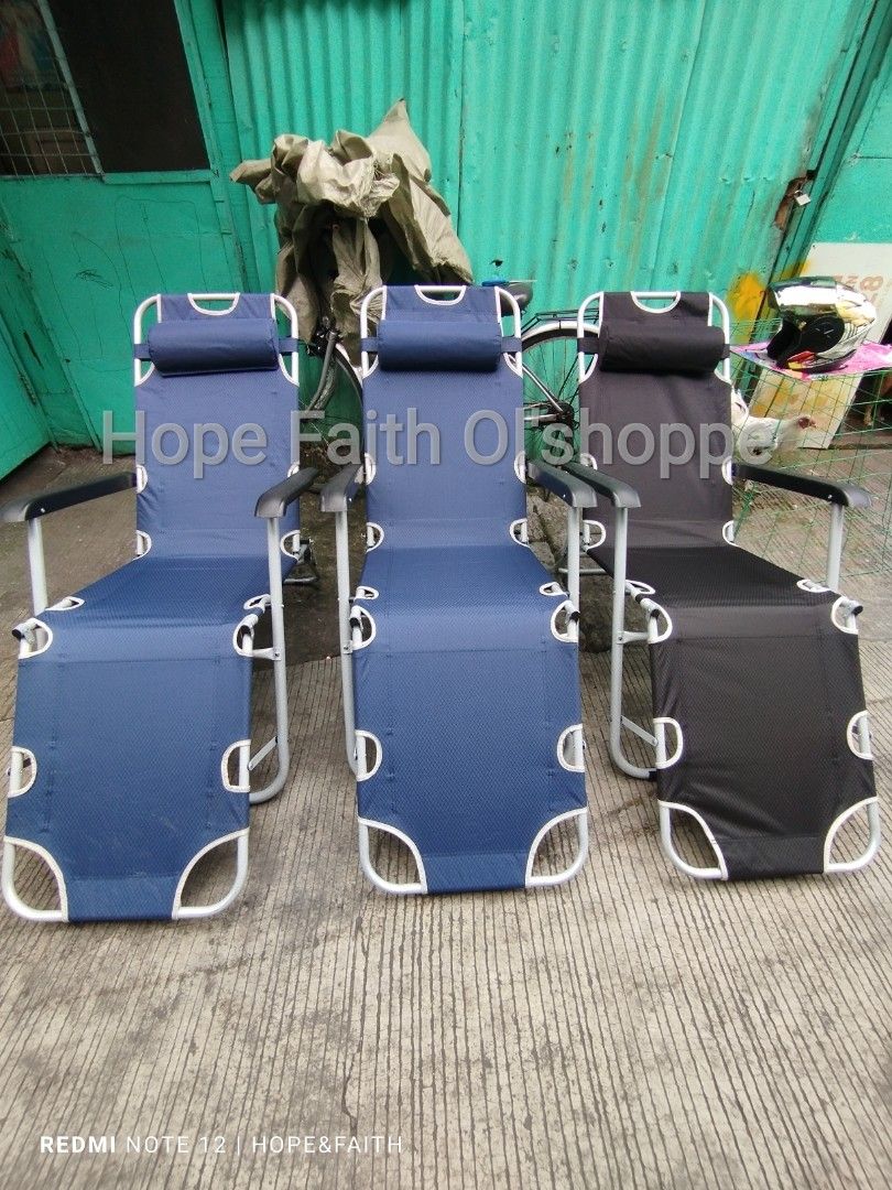 3 IN 1 FOLDING CHAIR/BED (Category: Chairs) located in Manila. Submitted by jamfrimzy089458 (Listing ID 1466789444, Image 1). Description: - Portable folding lounge chair with headrest pillow - Sturdy metal frame with durable fabric seat - Adjustable backrest: sit, recline, or lie flat - Built-in armrests for extra comfort - Easy to fold, store, and transport - Available colors: Blue, Black, Red, Green - Ideal for patio, garden, camping, and indo