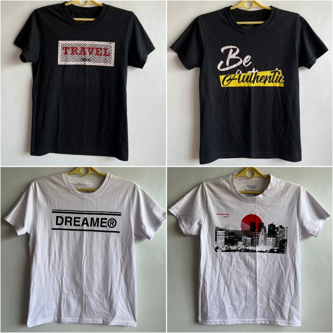 4 PCs Inspi T Shirt bundle (Category: Shirts) located in Quezon City. Submitted by rosepam (Listing ID 1466816166, Image 1). Description: 4 PCs Inspi T Shirt bundle Plain back Size on tag: xs Unisex men's xs women's s-m Measurements posted for reference Wash before wearing (stored sa closet).