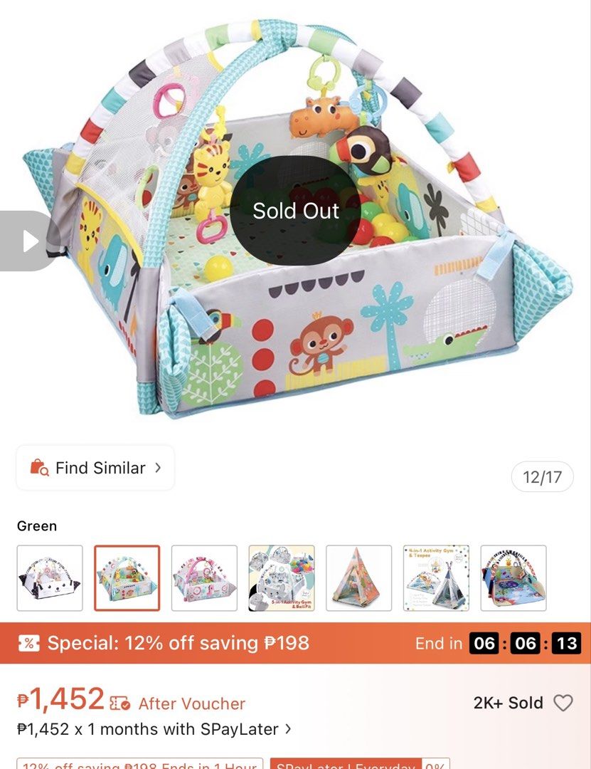 5-in-1 Activity Gym and Ball Pit Jungle Theme (Category: Infant Playtime) located in Pasig City. Submitted by janinemd (Listing ID 1466874458, Image 1). Description: - Theme: Fun jungle design featuring cute animals like monkeys, toucans, and giraffes with colorful geometric prints. - Features: Includes a soft green play mat, arched support bars, hanging plush toys, and a comfy tummy time bolster pillow. - Safety & Comfort: Made with ultra-soft f