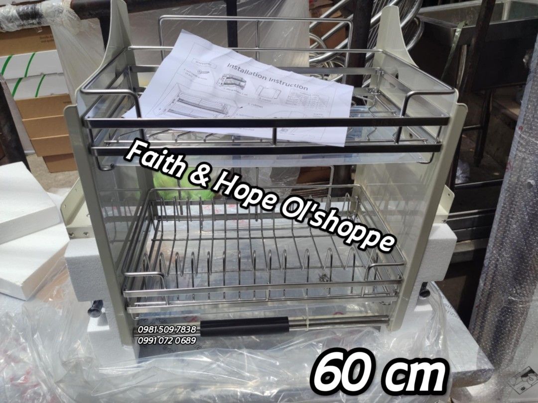 60 cm SUS304 Stainless Steel Pull Out Dish Rack (Category: Bathroom & Kitchen Fixtures) located in Manila. Submitted by jamfrimzy089458 (Listing ID 1466832902, Image 3). Description: - Material: Premium SUS304 stainless steel for rust resistance - Size: 60 cm 2-tier design with convenient pull-out mechanism - Space Saver: Designed to fit inside upper kitchen cabinets to keep counters clear - Features: Built-in drip trays and sturdy wire construct