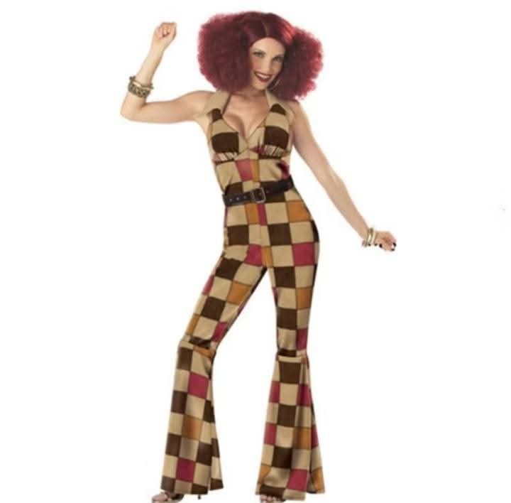 70s Disco Vibe Checkered Jumpsuit Costume (Category: Jumpsuits) located in Manila. Submitted by mr_chaser (Listing ID 1466873835, Image 1). Description: - Style: 70s retro checkered jumpsuit in brown, tan, and maroon - Design: Sleeveless V-neck with flared bell-bottom legs - Included: Matching brown fringe vest and belt - Perfect for: Halloween, themed parties, and costume events - Sizing: Standard adult sizing - original price Php 1200 -Used onc