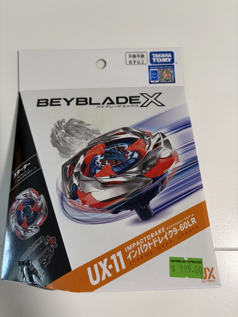 港版全新 衝龍 UX-11 陀螺 Takara Tomy Beyblade X UX-11 Impact Drake 9-60LR （分類：動作及對戰玩具）位於 Hong Kong。 由 Go_Goal 提交（商品編號 1466928483，圖片 1）。簡介： 港版全球未拆 Takara Tomy Beyblade X UX-11 Impact Drake 9-60LR starter set. Includes blade and string launcher. Original packaging unopened. Price tag from Wonderland Superstore attached. Japanese import box.。