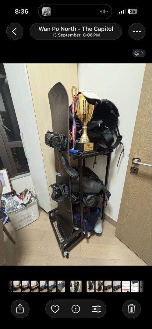 滑雪板架 Snowboard holder （分類：櫃子、組合櫃及置物架）位於 Hong Kong。 由 kevdog123 提交（商品編號 1466776828，圖片 1）。簡介： Black metal storage rack with wheels. Dimensions: 65cm by 45cm by 100cm. Multiple shelves for bags, gear, and gear storage slot on the side. Keeps gear organized and easy to roll around. Pick up at Wan Po North, The Capitol.。