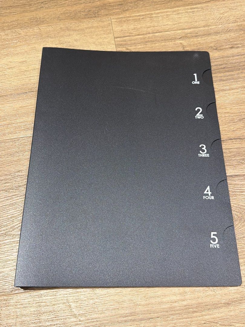 A4 Black Spiral Looseleaf Binder I (Category: Stationery & School Supplies) located in Paranaque City. Submitted by nachoaveragegirl (Listing ID 1466915996, Image 2). Description: - Sleek dark matte finish on front and back covers - Durable solid plastic side binding - 5 indexed sections labeled One through Five for easy organization - Lined pages inside for neat handwriting - Convenient date and number headers at the bottom corner of each page R