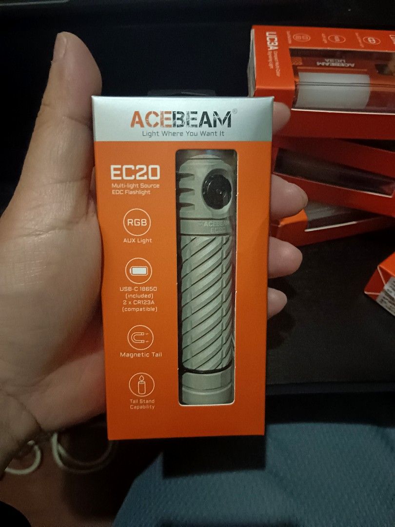 Acebeam flashlight (Category: Hiking & Camping) located in Makati City. Submitted by rn1vg (Listing ID 1466830338, Image 1). Description: Ptpa Sale Sale Sale Available OnHand All Very Good EDC Lights 👌👌👌 Sample vids and beamshots on comment section Acebeam EC20 MAO Brandnew complete set 2899 pesos Acebeam EC20 black Brandnew complete set 2499 pesos Acebeam UC3A Brandnew Purple, Orange, Green available 1499 pesos each Makati area pick up or lal