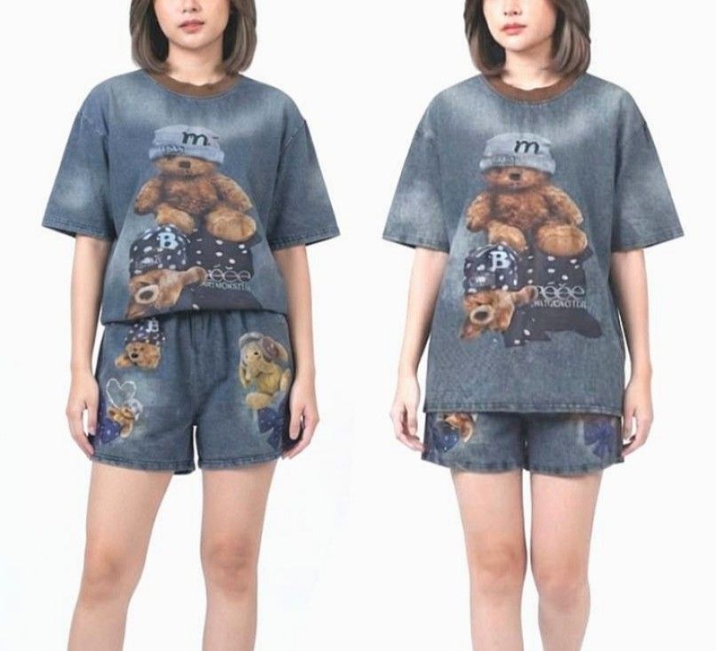 Acidwash Teddy Bear Soft Denim Matching Sets (Category: Sets or Coordinates) located in Quezon City. Submitted by panapton.ph (Listing ID 1466782916, Image 1). Description: -FLASH SALE ONLY 500 - Brandnew Soft Denim Set -Actual item post -Size Tops fit 34 to 46bust Top: Oversized short-sleeve tee with a contrasting brown ribbed crew neckline and a bold teddy bear graphic print -Bottoms: Matching elastic-waist shorts equipped with deep pockets and