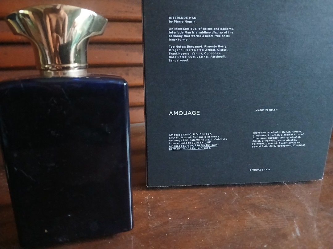 Amouage Interlude Man Fragrance (Category: Fragrance & Deodorants) located in Sorsogon. Submitted by jfox088 (Listing ID 1466781515, Image 3). Description: About 95% still remaining juice Amouage Interlude Man made in Oman 100% authentic, Money Back if proven fake. For sale only. No to trade/swap No low ballers pls Meet up or item can be shipped c/o buyer.