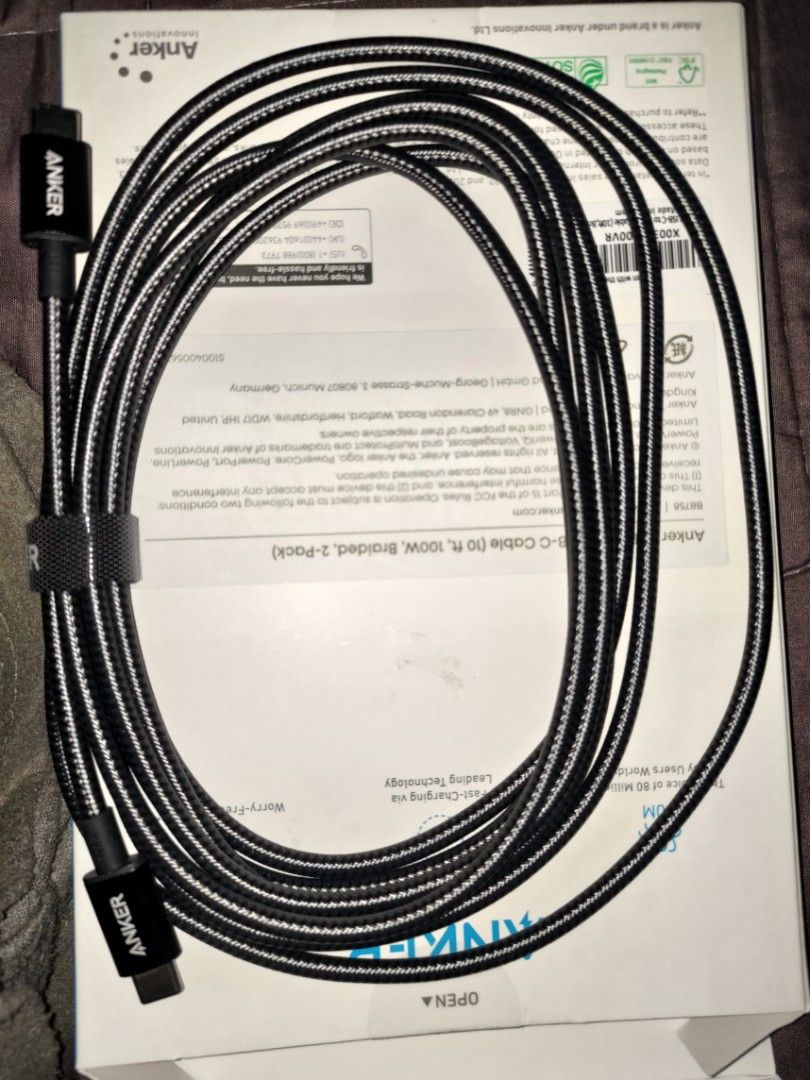 Anker 10ft 100W USB-C to USB-C Nylon Braided Cable (Category: Chargers & Cables) located in Makati City. Submitted by ny0r21 (Listing ID 1466945078, Image 1). Description: Excess Item - Brand: Anker - Length: 10ft (extra long reach) - Color: Braided black - Power: 100W Power Delivery fast charging - Compatibility: Laptops, phones, game controllers, and more Adaptive with haptic feedback - no more input lags/delays Good for couch/stick/hitbox gami