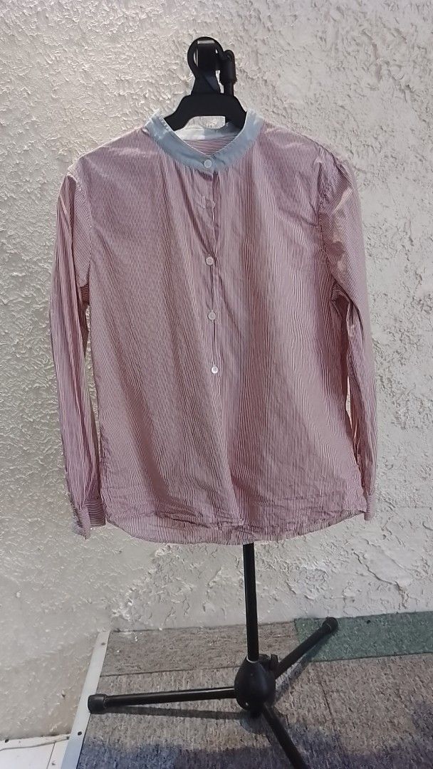A.P.C. Red Striped Long Sleeve Button-Down Shirt (Category: Longsleeves) located in Manila. Submitted by youngstorm-c604 (Listing ID 1466864085, Image 3). Description: - Brand: A.P.C. - Pattern: Pink and white stripes - Collar: Contrast light blue mandarin collar - Details: Long sleeves, front button placket with white buttons, curved hem - Style: Casual, versatile, and easy to pair for everyday wear.